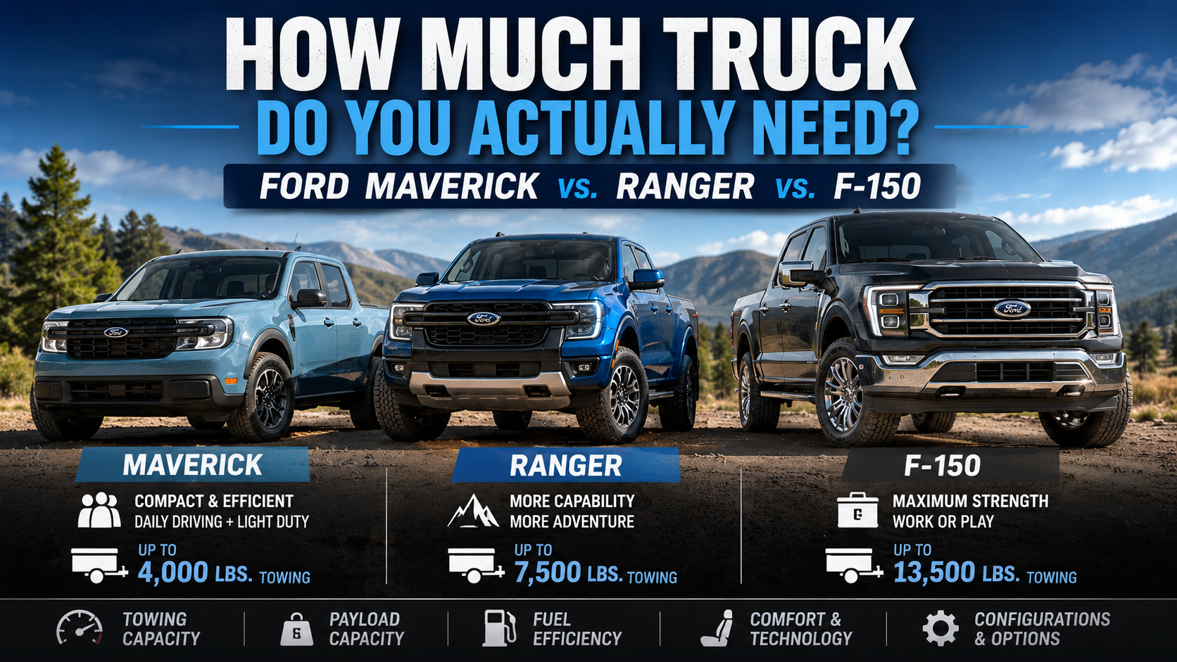 2026 Ford Maverick, Ranger and F-150 comparison showing truck sizes and towing capability