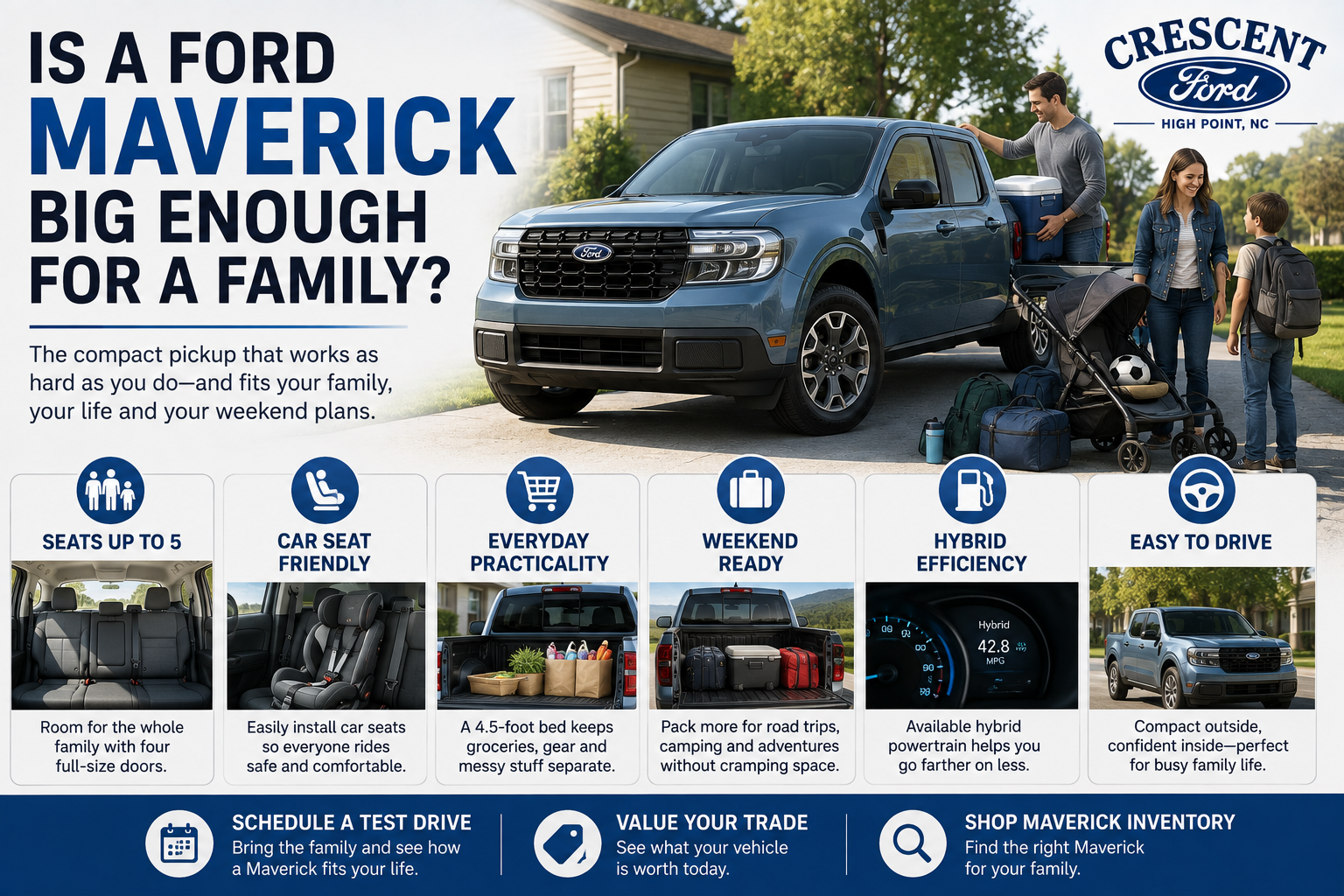 Ford Maverick family truck showing seating for five, car-seat space and everyday family practicality at Crescent Ford