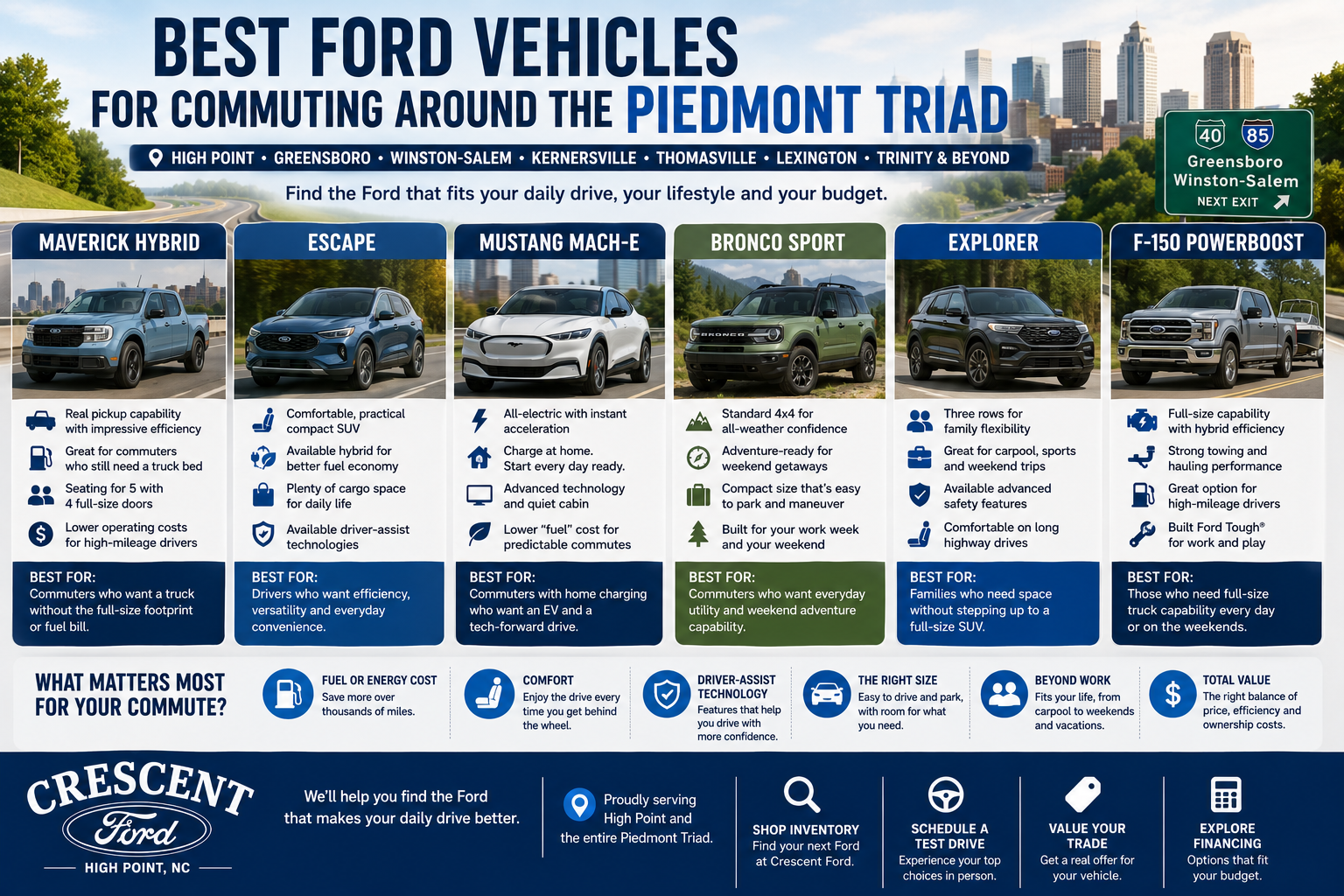 Best Ford vehicles for commuting around the Piedmont Triad, including Maverick Hybrid, Escape, Mustang Mach-E, Bronco Sport, Explorer and F-150 PowerBoost
