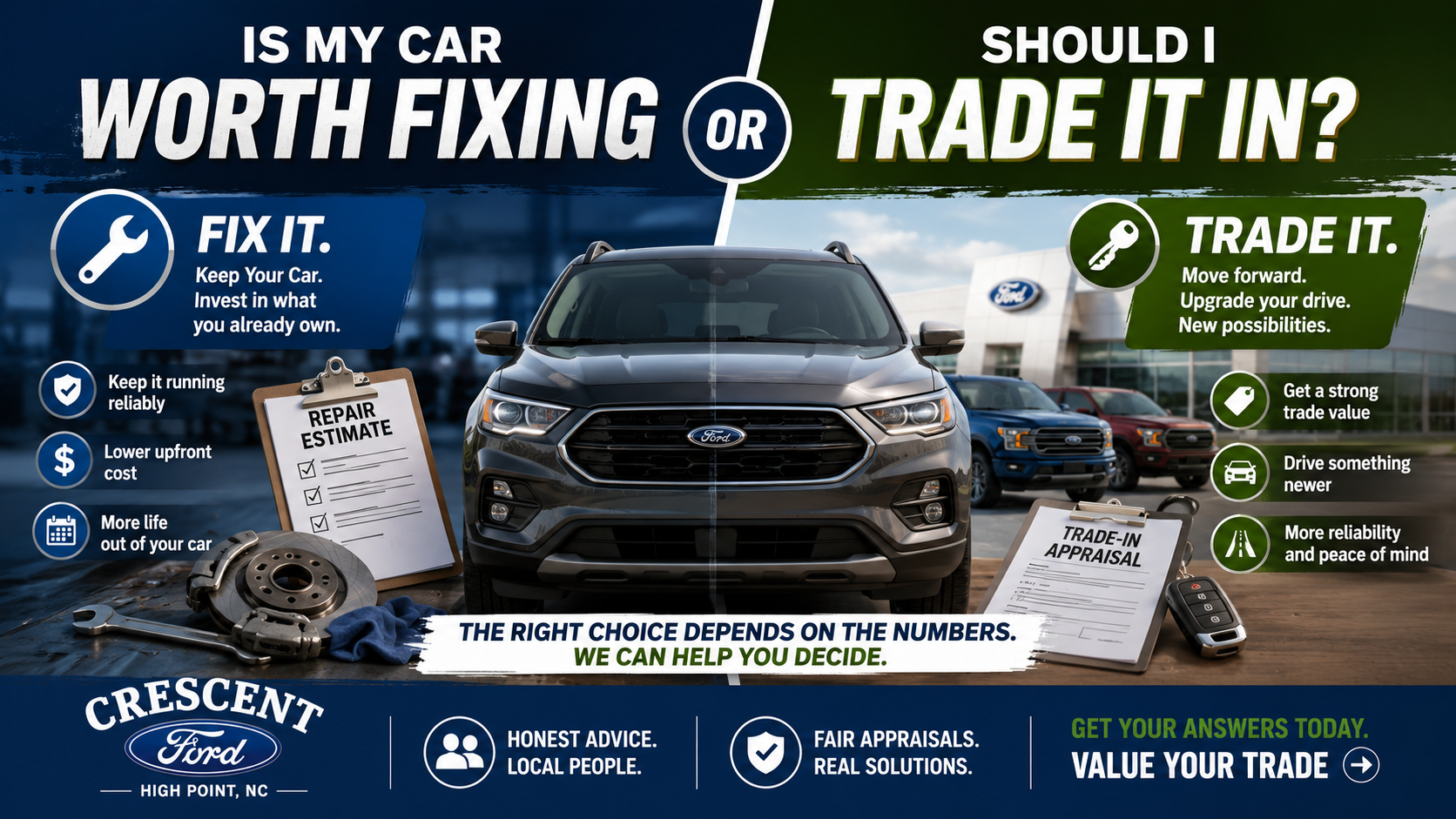 Repair or trade-in comparison showing factors like repair cost, reliability, trade value and future vehicle needs at Crescent Ford