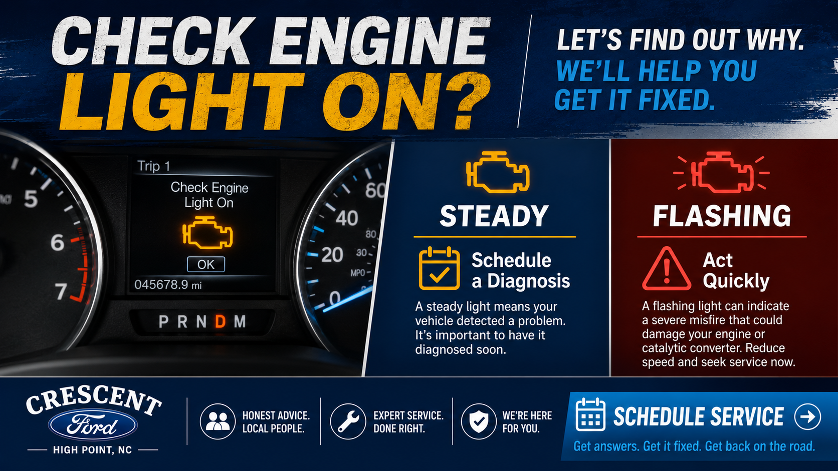 Check engine light guide explaining the difference between a steady and flashing warning light and when to schedule service at Crescent Ford