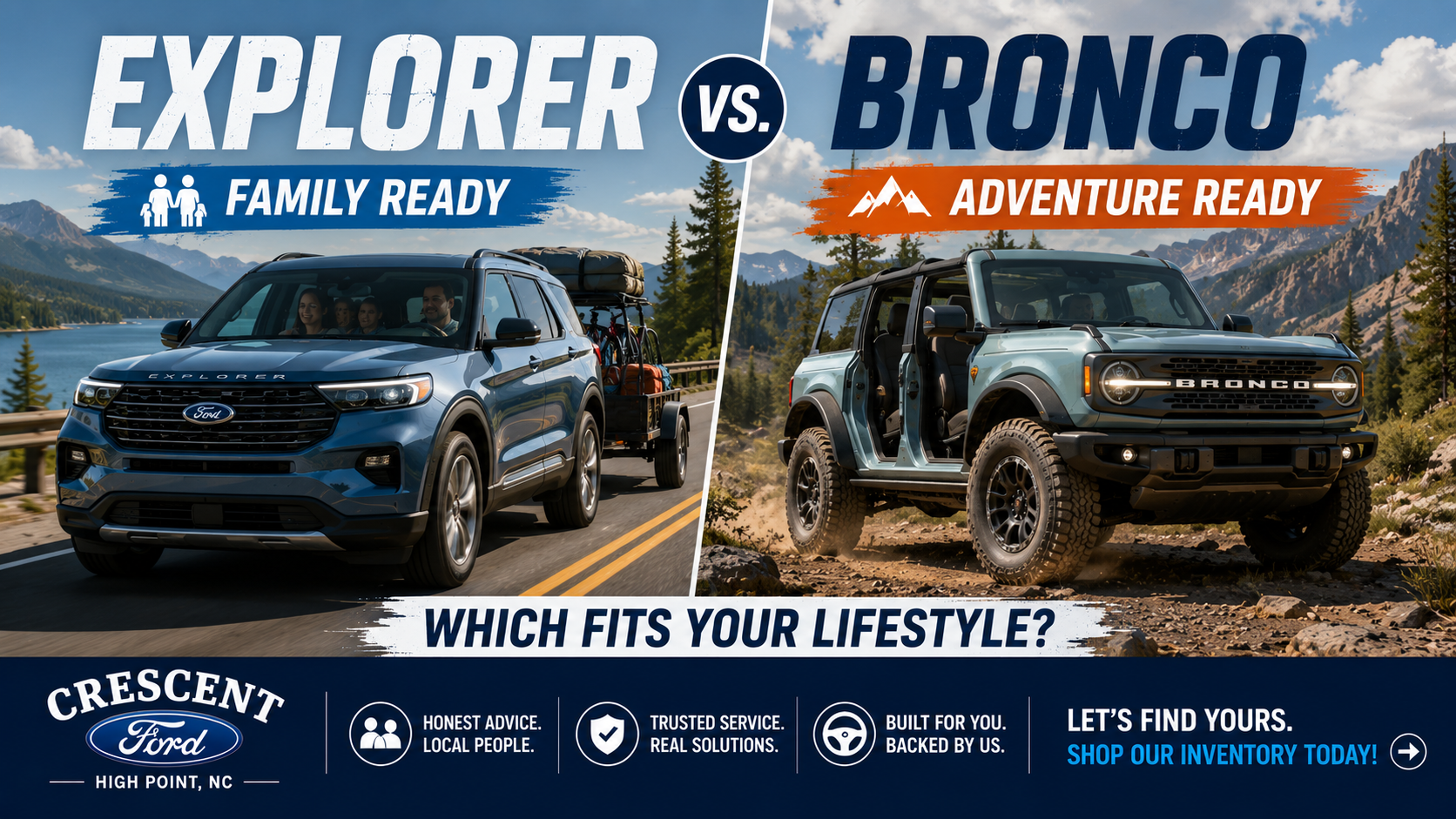 Ford Explorer vs. Bronco comparison showing the family-ready Explorer and adventure-ready Bronco for different lifestyles at Crescent Ford