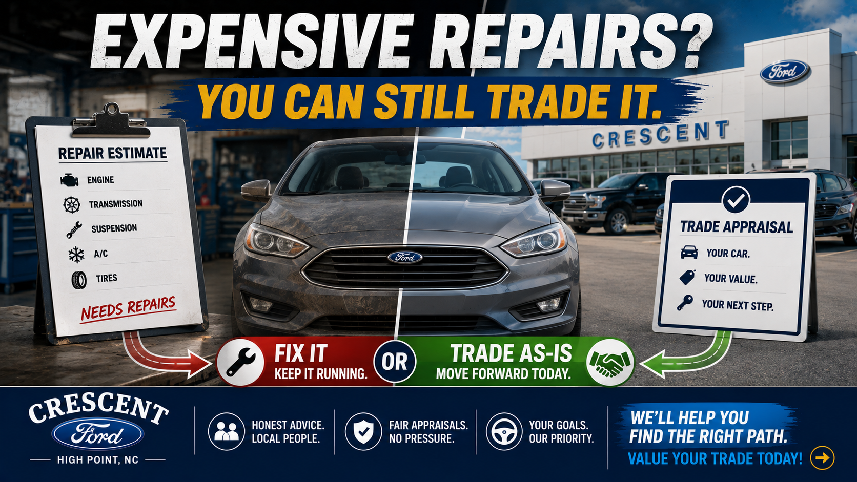Car needing expensive repairs compared with trading it in as-is at Crescent Ford in High Point, NC
